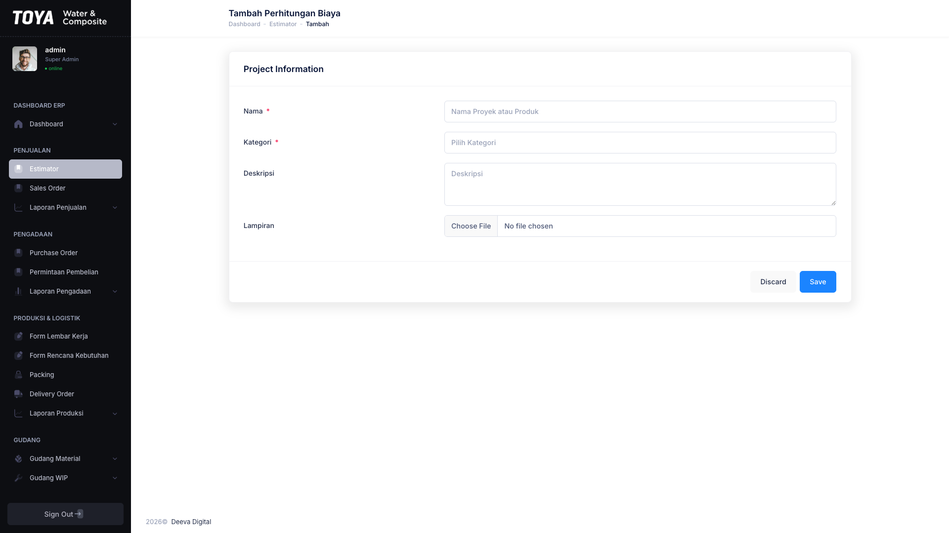 Form Tambah Estimator
