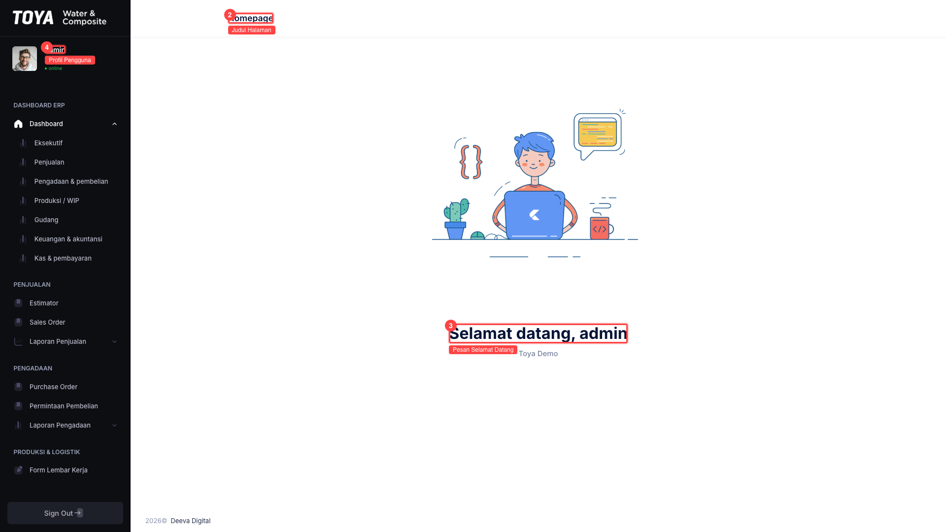 Halaman Homepage Toya ERP dengan highlight komponen utama